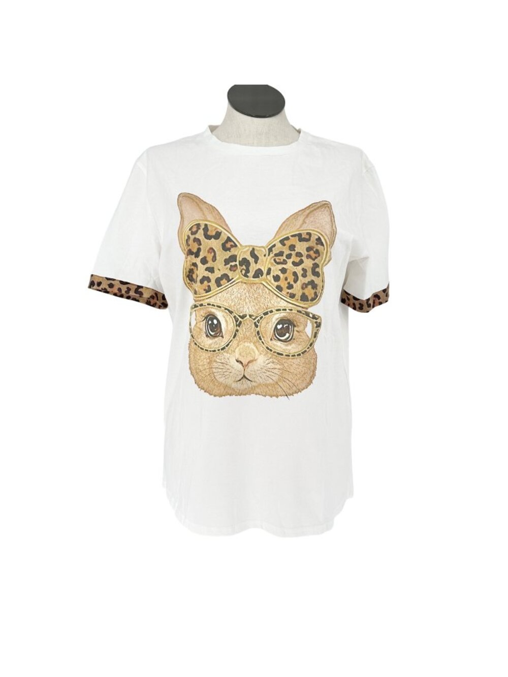 Leopard Print Bunny Graphic T-Shirt XL White Cotton Casual Tee Animal Design